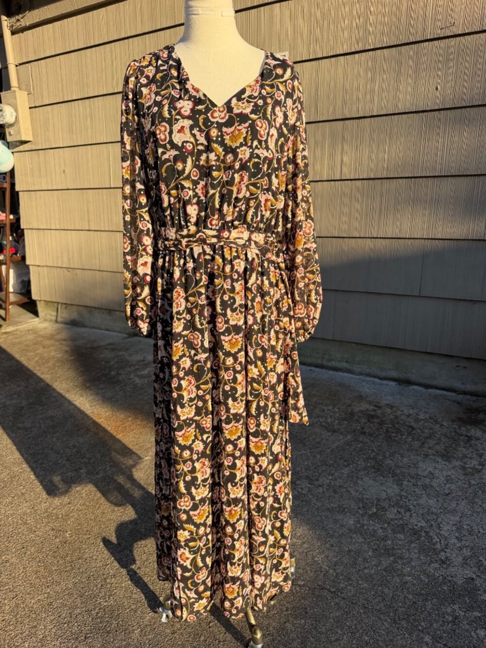 MSK Black Floral Metallic Foil Lurex Long Sleeve Maxi Dress XL Boho Belted